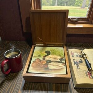 Vintage Countrycore set of 6 Mallard duck coasters in a wooden storage box.